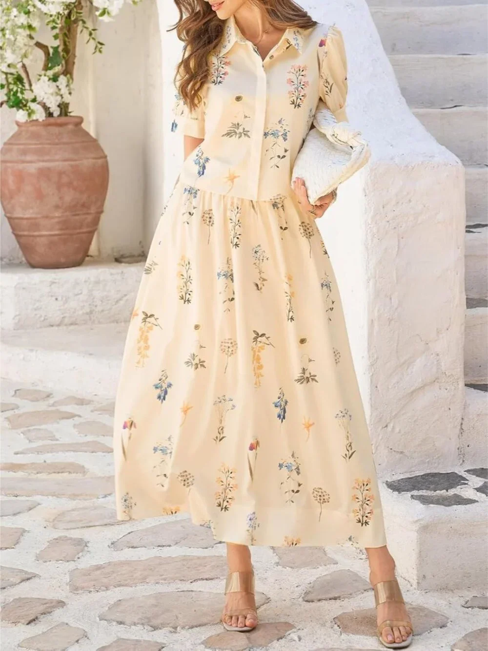Womens 2 Piece Floral Skirt Sets Puff Sleeve Blouse and Elastic Waist Matching S